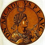 Arcadius (377-408) was the eldest son of Emperor Theodosius I, born in Hispania. He was declared as co-ruler of the east in 383, only six years old. When his father died in 395, Arcadius became emperor of the East, co-ruling the Roman Empire with his brother Honorius in the West.<br/><br/>

Aracdius was known for being a weak ruler, his reign dominated by the ministers that surrounded him, as well as by his wife Aelia Eudoxia. Arcadius himself seemed more concerned with appearing as a pious Christian rather than as a politician or general.<br/><br/> 

By the time he died in 408, he was only nominally in control of the Eastern Roman Empire, the true power lying in the hands of the Praetorian Prefect Anthemius.