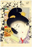 Yamamoto Shoun (December 30, 1870 - May 10, 1965), who was also known as Matsutani Shoun, was a Japanese print designer, painter, and illustrator. He was born in Kochi into a family of retainers of the Shogun and was given the name Mosaburo. As a teenager, he studied Kano school painting with Yanagimoto Doso and Kawada Shoryu. At about age 17, he moved to Tokyo, where he studied Nanga painting with Taki Katei. At 20 years of age, he was employed as an illustrator for Fugoku Gaho, a pictorial magazine dealing with the sights in and around Tokyo. In his latter career, Shoun primarily produced paintings. He died in 1965, at the age of 96.<br/><br/>

In addition to his magazine illustrations, Shoun is best known for his woodblock prints of <i>bijin</i> or 'beautiful women', especially <i>imasugata</i> a kind of precursor to the 'moderngirls / <i>moga</i>' movement of the 1920s and 1930s. Shoun is considered a bridge between the <i>ukiyo-e</i> and <i>shin hanga</i> schools. His career spans the Meiji (1868-1912), Taisho (1912-1926) and Showa (1926-1989) periods.