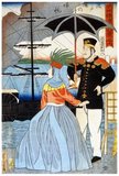 Japanese woodblock print showing a man and a woman standing on the Yokohama docks as a steamboat returns to the pier.<br/><br/>

Utagawa Yoshitora was a designer of <i>ukiyo-e</i> Japanese woodblock prints and an illustrator of books and newspapers who was active from about 1850 to about 1880. He was born in Edo (modern Tokyo), but neither his date of birth nor date of death is known. He was the oldest pupil of Utagawa Kuniyoshi who excelled in prints of warriors, kabuki actors, beautiful women, and foreigners (<i>Yokohama-e</i>).