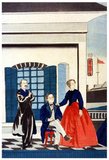 Japanese woodblock print showing the American consul with his wife and a colleague at the American consulate in Tokyo.<br/><br/>

Utagawa Yoshitora was a designer of </>ukiyo-e</i> Japanese woodblock prints and an illustrator of books and newspapers who was active from about 1850 to about 1880. He was born in Edo (modern Tokyo), but neither his date of birth nor date of death is known. He was the oldest pupil of Utagawa Kuniyoshi who excelled in prints of warriors, kabuki actors, beautiful women, and foreigners (<i>Yokohama-e</i>).
