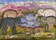 Persia / Iran: Detail from the illuminated manuscript 'The Lights of Canopus' (<i>Anwar-i Suhayli</i>) depicting elephants and rabbits at a pond, by Mirza Rahim, 19th century, Iran