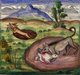 Persia / Iran: Detail from the illuminated manuscript 'The Lights of Canopus' (<i>Anwar-i Suhayli</i>) depicting a wolf attacking a rabbit, by Mirza Rahim, 19th century, Iran