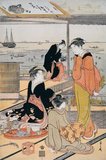 Chobunsai Eishi (1756-1829) was a Japanese <i>ukiyo-e</i> artist. Born Hosoda Tokitomi to a well-off samurai family from the prestigious Fujiwara clan, Eishi became family head when his father died in 1772, and from there he held a position in the palace of Shogun Tokugawa Ieharu.<br/><br/>

Eishi appeared to have studied art under Kano Michinobu of the Kano school, and he left the official service of the Shogun in 1784 to pursue his artistic talents, giving up his samurai rank. His earliest works were <i>nishki-e</i> prints of literary fare such as 'The Tale of Genji', but he soon went to specialise in <i>bijinga</i> portraits of women. Eishi also occasionally illustrated books of <i>shunga</i> erotica. He abandoned woodblock printing for painting sometime after 1801.