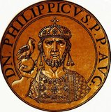 Philippicus (-713), also known as Philippikos Bardanes, was the son of an Armenian patrician in the Byzantine Empire. Not much is known of Philippicus' early years, but he soon had aspirations for the imperial throne, relying heavily on the support of the Monothelite party. However, his attempts during the first great rebellion against Emperor Justinian II failed with his relegation to Cephalonia by Tiberius, who took the throne for himself.<br/><br/>

Unhappy with his situation, Philippicus bided his time and began inciting the local inhabitants to revolt, aided by the Khazars. After Justinian II had returned to the throne, Philippicus finally struck and managed to seize Constantinople, leading to Justinian's later assassination as he attempted to rally support in the provinces.<br/><br/>

Philippicus immediately began his reign by changing the religious leaders of the empire to suit his sect, leading to the Roman Church refusing to recognise him. He also faced Bulgarian raids and Arabian attacks, ultimately resulting in a rebellion in Thrace which saw several officers enter the capital city and blind Philippicus in 713. He died later in the same year, succeeded by his prinicipal secretary Artemius, who took the name Anastasius II.