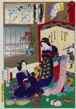 Toyohara Chikanobu, better known to his contemporaries as Yōshū Chikanobu, was a prolific woodblock artist of Japan's Meiji period. His works capture the transition from the age of the samurai to Meiji modernity.<br/><br/>

In 1875 (Meiji 8), he decided to try to make a living as an artist. He travelled to Tokyo. He found work as an artist for the Kaishin Shimbun. In addition, he produced <i>nishiki-e</i> artworks. In his younger days, he had studied the Kanō school of painting; but his interest was drawn to <i>ukiyo-e</i>.<br/><br/>

Like many <i>ukiyo-e</i> artists, Chikanobu turned his attention towards a great variety of subjects. His work ranged from Japanese mythology to depictions of the battlefields of his lifetime to women's fashions. As well as a number of the other artists of this period, he too portrayed kabuki actors in character, and is well-known for his impressions of the <i>mie</i> (formal pose) of kabuki productions.<br/><br/>

Chikanobu was known as a master of <i>bijinga</i>, images of beautiful women, and for illustrating changes in women's fashion, including both traditional and Western clothing. His work illustrated the changes in coiffures and make-up across time. For example, in Chikanobu's images in Mirror of Ages (1897), the hair styles of the Tenmei era, 1781-1789 are distinguished from those of the Keio era, 1865-1867.