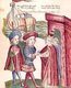 Germany: Otto IV (1175-1218), 22nd Holy Roman emperor, meeting with Pope Innocent III. Watercolour, workshop of Diebold Lauber (1427-1471), 15th century