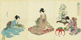 Toyohara Chikanobu, better known to his contemporaries as Yōshū Chikanobu, was a prolific woodblock artist of Japan's Meiji period. His works capture the transition from the age of the samurai to Meiji modernity.<br/><br/>

In 1875 (Meiji 8), he decided to try to make a living as an artist. He travelled to Tokyo. He found work as an artist for the Kaishin Shimbun. In addition, he produced <i>nishiki-e</i> artworks. In his younger days, he had studied the Kanō school of painting; but his interest was drawn to <i>ukiyo-e</i>.<br/><br/>

Like many <i>ukiyo-e</i> artists, Chikanobu turned his attention towards a great variety of subjects. His work ranged from Japanese mythology to depictions of the battlefields of his lifetime to women's fashions. As well as a number of the other artists of this period, he too portrayed kabuki actors in character, and is well-known for his impressions of the <i>mie</i> (formal pose) of kabuki productions.<br/><br/>

Chikanobu was known as a master of <i>bijinga</i>, images of beautiful women, and for illustrating changes in women's fashion, including both traditional and Western clothing. His work illustrated the changes in coiffures and make-up across time. For example, in Chikanobu's images in Mirror of Ages (1897), the hair styles of the Tenmei era, 1781-1789 are distinguished from those of the Keio era, 1865-1867.