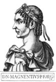 Magnentius (303-353) was born in Gaul and served as a commander in the Western Roman army. When the army grew dissatisfied with the rule of Emperor Constans, they proclaimed Magnentius as the new emperor in 350 and killed Constans.<br/><br/>

Magnentius quickly gained the loyalty of the provinces of Britannia, Gaul and Hispania, due to his more tolerant attitude towards Christians and Pagans. He also controlled parts of Africa and Italia, but soon faced resistance from the surviving members of the Constantinian dynasty and rival claimants, such as Vetranio, who was elected emperor by his troops in opposition to Magnentius.<br/><br/>

Magnentius elected Magnus Decentius, likely his brother, to be co-emperor to aid against Constantius II's forces, and the two armies clashed at the Battle of Mursa Major in 351. Magnentius was said to have personally led his troops into battle, while Constantius was praying in a nearby church. Despite his heroism, Magnentius still lost and retreated to Gaul. He made a final stand in 353 in the Battle of Mons Seleucus, where he committed suicide by falling on his sword after being defeated for the last time.