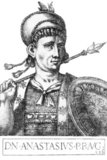 Anastasius II (-719), also known as Anastasios II and originally named Artemius, was a bureaucrat and imperial secretary in the Byzantine court. He was proclaimed emperor by the Opsician army after they had overthrown Emperor Philippicus. Changing his name to Anastasius, he took the throne and turned on those who had aided his rise by executing those directly involved in the conspiracy against Philippicus.<br/><br/>

Anastasius deposed the Monothelete Patriarch John VI of Constantinople and replaced him with the Orthodox Patriarch Germanus in 715, putting an end to the local schism within the Catholic Church. He tried to negotiate peace with the Umayyad Caliphate, which at the time surrounded the Byzantine Empire by land and sea, but his diplomats failed and he was forced to restore Constantinople's walls and rebuild its navy instead.<br/><br/>

Opsician troops, chafing under Anastasius' strict measures, mutinied and proclaimed Theodosius III as emperor. Constantinople eventually fell to Theodosius after a six-month siege. Anastasius was eventually forced to submit to the new emperor in 716 and was allowed to retire to a monastery in Thessalonica. However, he headed a revolt against Emperor Leo III in 719, but his efforts failed and he was executed by Leo.