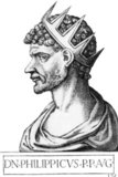 Philippicus (-713), also known as Philippikos Bardanes, was the son of an Armenian patrician in the Byzantine Empire. Not much is known of Philippicus' early years, but he soon had aspirations for the imperial throne, relying heavily on the support of the Monothelite party. However, his attempts during the first great rebellion against Emperor Justinian II failed with his relegation to Cephalonia by Tiberius, who took the throne for himself.<br/><br/>

Unhappy with his situation, Philippicus bided his time and began inciting the local inhabitants to revolt, aided by the Khazars. After Justinian II had returned to the throne, Philippicus finally struck and managed to seize Constantinople, leading to Justinian's later assassination as he attempted to rally support in the provinces.<br/><br/>

Philippicus immediately began his reign by changing the religious leaders of the empire to suit his sect, leading to the Roman Church refusing to recognise him. He also faced Bulgarian raids and Arabian attacks, ultimately resulting in a rebellion in Thrace which saw several officers enter the capital city and blind Philippicus in 713. He died later in the same year, succeeded by his prinicipal secretary Artemius, who took the name Anastasius II.