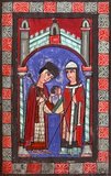 Manuscript painting of Henry V (1081/1086-1125), 19th Holy Roman emperor, being given an orb by Ruthard, Archbishop of Mainz, c. 1128.<br/><br/>

Henry V (1081/1086-1125) was the son of Emperor Henry IV, and in 1099 was crowned as King of Germany and his true successor in place of his older brother Conrad, who had rebelled against their father.