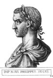 Philip the Arab (204-249), 33rd Roman emperor, from the book <i>Romanorvm imperatorvm effigies: elogijs ex diuersis scriptoribus per Thomam Treteru S. Mariae Transtyberim canonicum collectis</i>, c. 1583.<br/><br/>

Marcus Julius Philippus (204-249), commonly known as Philip the Arab, was born in the Roman province of Arabia, in what is now Syria. He rose to power during the last years of Emperor Gordian III's reign, due to the machinations of his brother, Gaius Julius Priscus, who was an important member of the Praetorian Guard. Gordian III's death in 244 resulted in Philip's accession to the imperial throne.