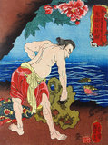 Japan: Demon Face Du Xing or Kikenji Tokyo, one of the 'One Hundred and Eight Heroes of the Water Margin', testing his strength against a rock in a cave by water, fish surfacing next to him. Woodblock print by Utagawa Kuniyoshi (1797-1863), 1827-1830. The Water Margin (known in Chinese as Shuihu Zhuan, sometimes abbreviated to Shuihu, known as Suikoden in Japanese, as well as Outlaws of the Marsh, Tale of the Marshes, All Men Are Brothers, Men of the Marshes, or The Marshes of Mount Liang in English, is a 14th century novel and one of the Four Great Classical Novels of Chinese literature. Attributed to Shi Nai'an and written in vernacular Chinese.