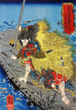 Japan: The Lord who Stands his Ground Ruan Xiaoer or Ryuchitaisai Genshoji, one of the 'One Hundred and Eight Heroes of the Water Margin', in a boat, and wearing a straw cloak, defends himself against flying arrows with a long rudder. Woodblock print by Utagawa Kuniyoshi (1797-1863), 1827-1830. The Water Margin (known in Chinese as Shuihu Zhuan, sometimes abbreviated to Shuihu, known as Suikoden in Japanese, as well as Outlaws of the Marsh, Tale of the Marshes, All Men Are Brothers, Men of the Marshes, or The Marshes of Mount Liang in English, is a 14th century novel and one of the Four Great Classical Novels of Chinese literature. Attributed to Shi Nai'an and written in vernacular Chinese.