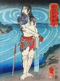 Japan: The Boatman Zhang Heng or Senkaji Cho O, one of the 'One Hundred and Eight Heroes of the Water Margin', wringing out his loincloth on a riverbank, a cloth bag held in his mouth and a sword stuck in the ground beside him. Woodblock print by Utagawa Kuniyoshi (1797-1863), 1827-1830. The Water Margin (known in Chinese as Shuihu Zhuan, sometimes abbreviated to Shuihu, known as Suikoden in Japanese, as well as Outlaws of the Marsh, Tale of the Marshes, All Men Are Brothers, Men of the Marshes, or The Marshes of Mount Liang in English, is a 14th century novel and one of the Four Great Classical Novels of Chinese literature. Attributed to Shi Nai'an and written in vernacular Chinese.