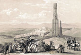 Afghanistan: 'The fortress and citadel of Ghuznee and the two minars', a lithograph by Louis Haghe (1806 - 1885) from an original sketch by James Atkinson (1780 - 1852). From <i>Sketches in Afghaunistan</i>, originally published in 1842. The First Anglo-Afghan War was fought between British India and Afghanistan from 1839 to 1842. It was one of the first major conflicts during the Great Game, the 19th century competition for power and influence in Central Asia between the United Kingdom and Russia, and also marked one of the worst setbacks inflicted on British power in the region after the consolidation of British Raj by the East India Company.