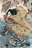 China / Japan: Yang Lin (Kinhyoshi Yorin), one of the 'One Hundred and Eight Heroes of the Water Margin' holding a <i>sodegarami</i> type of pole weapon. Woodblock print by Utagawa Kuniyoshi (1797-1863), 1827-1830. The Water Margin (known in Chinese as Shuihu Zhuan, sometimes abbreviated to Shuihu, known as Suikoden in Japanese, as well as Outlaws of the Marsh, Tale of the Marshes, All Men Are Brothers, Men of the Marshes, or The Marshes of Mount Liang in English, is a 14th century novel and one of the Four Great Classical Novels of Chinese literature. Attributed to Shi Nai'an and written in vernacular Chinese.