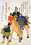 Japan: 'Two Japanese men and one Foreigner riding on a Horse while a Japanese Farmer walks'. Woodblock print dated 1862. The <i>ukiyo-e</i> genre of art flourished in Japan from the 17th through 19th centuries. Its artists produced woodblock prints and paintings of such subjects as female beauties, kabuki actors and sumo wrestlers, scenes from history and folk tales, travel scenes and landscapes, flora and fauna, and erotica. The term <i>ukiyo-e</i> translates as 'picture[s] of the floating world'.