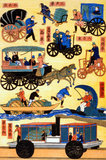 Japan: Woodblock print depicting a variety of vehicles, c. 1865. The <i>ukiyo-e</i> genre of art flourished in Japan from the 17th through 19th centuries. Its artists produced woodblock prints and paintings of such subjects as female beauties; kabuki actors and sumo wrestlers; scenes from history and folk tales; travel scenes and landscapes; flora and fauna; and erotica. The term <i>ukiyo-e</i> translates as 'picture[s] of the floating world'.