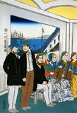 Japan: 'Foreigners Enjoying Themselves at a Party'. Detail of triptych print by Utagawa Yoshikazu (active 1850-1870), 1860. The <i>ukiyo-e</i> genre of art flourished in Japan from the 17th through 19th centuries. Its artists produced woodblock prints and paintings of such subjects as female beauties; kabuki actors and sumo wrestlers; scenes from history and folk tales; travel scenes and landscapes; flora and fauna; and erotica. The term <i>ukiyo-e</i> translates as 'picture[s] of the floating world'.