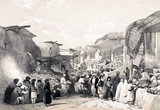 Afghanistan: 'The main street in the bazaar at Caubul in the fruit season', a lithograph by Louis Haghe (1806 - 1885) from an original sketch by James Atkinson (1780 - 1852). From <i>Sketches in Afghaunistan</i>, originally published in 1842. The First Anglo-Afghan War was fought between British India and Afghanistan from 1839 to 1842. It was one of the first major conflicts during the Great Game, the 19th century competition for power and influence in Central Asia between the United Kingdom and Russia, and also marked one of the worst setbacks inflicted on British power in the region after the consolidation of British Raj by the East India Company.