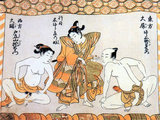 Japan: An erotic depiction of a man and a woman engaging in a wrestling match with a second woman acting as a referee. Shunga woodblock print, c. 1772. Shunga is a Japanese term for erotic art. Most shunga are a type of ukiyo-e, usually executed in woodblock print format. While rare, there are extant erotic painted handscrolls which predate the Ukiyo-e movement. Translated literally, the Japanese word shunga means picture of spring; 'spring' is a common euphemism for sex.
