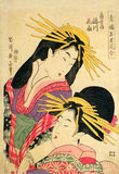 Japan: A double bust portrait showing the courtesans Takigawa and Hanaogi from the Yoshiwara house Ogaya. Woodblock print by Kikukawa Eizan (1787-1867), 1808. Kikukawa Eizan was a designer of ukiyo-e style Japanese woodblock prints. He first studied with his father, Eiji, a minor painter of the Kanō school. He then studied with Suzuki Nanrei (1775–1844), an artist of the Shijō school. He is believed to have also studied with the ukiyo-e artist Totoya Hokkei (1790–1850). He produced numerous woodblock prints of beautiful women in the 1830s, but then abandoned printmaking in favor of painting.