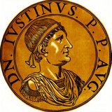 Turkey / Byzantium: Justin II (520-578), Byzantine emperor, from the book <i>Icones imperatorvm romanorvm</i> (Icons of Roman Emperors), Antwerp, c. 1645. Justin was the nephew of Emperor Justinian I and had supposedly been named his heir on the emperor's deathbed. Justin's early rule relied completely on the support of the aristocratic party, and faced with an empty treasury, he stopped paying off potential enemies as his uncle had done, leading to Avar invasions across the Danube river.