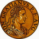 Italy: Gratian (359-383), 67th Roman emperor, from the book <i>Icones imperatorvm romanorvm</i> (Icons of Roman Emperors), Antwerp, c. 1645. Gratian was the son of Emperor Valentinian I by his first wife Marina Severa. Gratian became Augustus in 367, but when his father died in 375 and the army proclaimed his half-brother Valentinian II emperor, Gratian was forced to comply and shared administration of the western provinces with his infant sibling and his stepmother, though power was still held by him in reality.