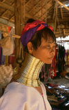Thailand: A Padaung (Long Neck Karen) woman in her neck rings in a village near Mae Hong Son. The Padaung or Kayan Lahwi or Long Necked Karen are a subgroup of the Kayan, a mix of Lawi, Kayan and several other tribes. Kayan are a subgroup of the Red Karen (Karenni) people, a Tibeto-Burman ethnic minority of Burma (Myanmar).