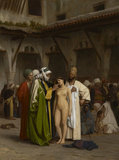 France: 'The Slave Market'. Oil on canvas painting by Jean-Léon Gérôme, 1866.<br/><br/>

Jean-Léon Gérôme (11 May 1824 – 10 January 1904) was a French painter and sculptor. The range of his oeuvre included historical painting, Greek mythology, Orientalism, portraits, and other subjects, bringing the academic painting tradition to an artistic climax. He is considered one of the most important painters from this academic period.