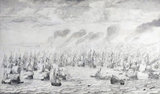 Netherlands: 'The Battle of Scheveningen, August 10, 1653'. Ink and oil on canvas painting by Willem van de Velde the Elder (c. 1611-1693), 1657. The Battle of Scheveningen was the final naval battle of the First Anglo-Dutch War. In June 1653, the English fleet had begun a blockade of the Dutch coast. On August 10, English and Dutch ships engaged, resulting in heavy damage to both sides. The blockade was lifted, but Dutch Admiral Maarten Tromp's death was a severe blow, leading eventually to Dutch concessions in the Treaty of Westminster.