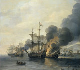 Maritime: 'The Battle of Leghorn, 4 March 1653'. Oil on canvas painting by Willem Hermansz van Diest (c. 1600-1678), mid-17th century. The naval Battle of Leghorn (the Dutch call the encounter by the Italian name Livorno) took place on 14 March (4 March Old Style) 1653, during the First Anglo-Dutch War, near Leghorn (Livorno), Italy. It was a victory of a Dutch fleet under Commodore Johan van Galen over an English squadron under Captain Henry Appleton. Afterward an English fleet under Captain Richard Badiley, which Appleton had been trying to reach, came up but was outnumbered and fled.