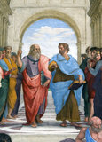 Italy: Central detail from 'The School of Athens', featuring Greek philosophers Plato (red robe) and Aristotle (blue robe). Raphael (1483 - 1520), painted between 1509–1511 (Apostolic Palace, Vatican City).<br/><br/>

'The School of Athens', or Scuola di Atene in Italian, is one of the most famous frescoes by the Italian Renaissance artist Raphael. It was painted between 1509 and 1511 as a part of Raphael's commission to decorate with frescoes the rooms now known as the Stanze di Raffaello, in the Apostolic Palace in the Vatican.