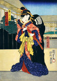 Japan: 'Ichikawa Harima No. 7: Okaru Sawamura Shozo'. Woodblock print by Utagawa Kunisada I (1786-1865), 19th century. Utagawa Kunisada, also known as Utagawa Toyokuni III, was the most popular, prolific and financially successful designer of <i>ukiyo-e</i> woodblock prints in 19th-century Japan. In his own time, his reputation far exceeded that of his contemporaries, Hokusai, Hiroshige and Kuniyoshi. His favourite subjects were pleasure-houses and tea ceremonies.