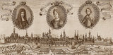 Germany: Portrait medallions of Leopold I (1640-1705), 37th Holy Roman emperor, his wife Eleonore Magdalene and his son King Joseph I, over a view of Augsburg. Copper engraving, c. 1689. Leopold I was the second son of Emperor Ferdinand III, and became heir apparent after the death of his older brother, Ferdinand IV. He was elected Holy Roman Emperor in 1658 after his father's death, and by then had also already become Archduke of Austria and claimed the crowns of Germany, Croatia, Bohemia and Hungary.