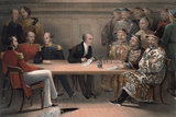 China: British and Chinese officials on board HMS Wellesley a day before the capture of Chusan (5-6 July, 1840) in the First Opium War. British Commodore Sir James Gordon Bremer (table, 3rd left) and Chinese Admiral Chang (table, 3rd right), Karl Gützlaff (centre) served as interpreter.<br/><br/>

The first capture of Chusan by British forces in China occurred on 5–6 July 1840 during the First Opium War. The British captured Chusan, the largest island of an archipelago of that name.<br/><br/>

The First Anglo-Chinese War (1839–42), known popularly as the First Opium War or simply the Opium War, was fought between the United Kingdom and the Qing Dynasty of China over their conflicting viewpoints on diplomatic relations, trade, and the administration of justice.