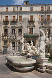 Italy: The 16th century Praetorian Fountain (Fontana Pretoria), Piazza Pretoria, Palermo, Sicily. The Praetorian Fountain is located in the heart of the historic centre of Palermo and represents the most important landmark of Piazza Pretoria. The fountain was originally built by Francesco Camilliani (1530 - 1586), a Tuscan sculptor, in the city of Florence in 1554, but was transferred to Palermo in 1574