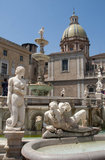 Italy: The 16th century Praetorian Fountain (Fontana Pretoria), Piazza Pretoria, Palermo, Sicily. The Praetorian Fountain is located in the heart of the historic centre of Palermo and represents the most important landmark of Piazza Pretoria. The fountain was originally built by Francesco Camilliani (1530 - 1586), a Tuscan sculptor, in the city of Florence in 1554, but was transferred to Palermo in 1574