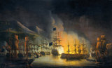 Algeria: Bombardment of Algiers by the Anglo-Dutch fleet, (August 26-27, 1816). Oil on canvas painting by Martinus Schouman (1770 - 1848), 1823. The Bombardment of Algiers was an attempt by Britain to end the slavery practices of the Dey of Algiers. An Anglo-Dutch fleet under the command of Admiral Lord Exmouth bombarded ships and the harbour defences of Algiers.<br/><br/>

Although there was a continuing campaign by various European and the American navies to suppress the piracy against Europeans by the North African Barbary states, the specific aim of this expedition was to free Christian slaves and to stop the practice of enslaving Europeans. To this end, it was partially successful as the Dey of Algiers freed around 3,000 slaves following the bombardment and signed a treaty against the slavery of Europeans. However, the cessation of slavery did not last long.